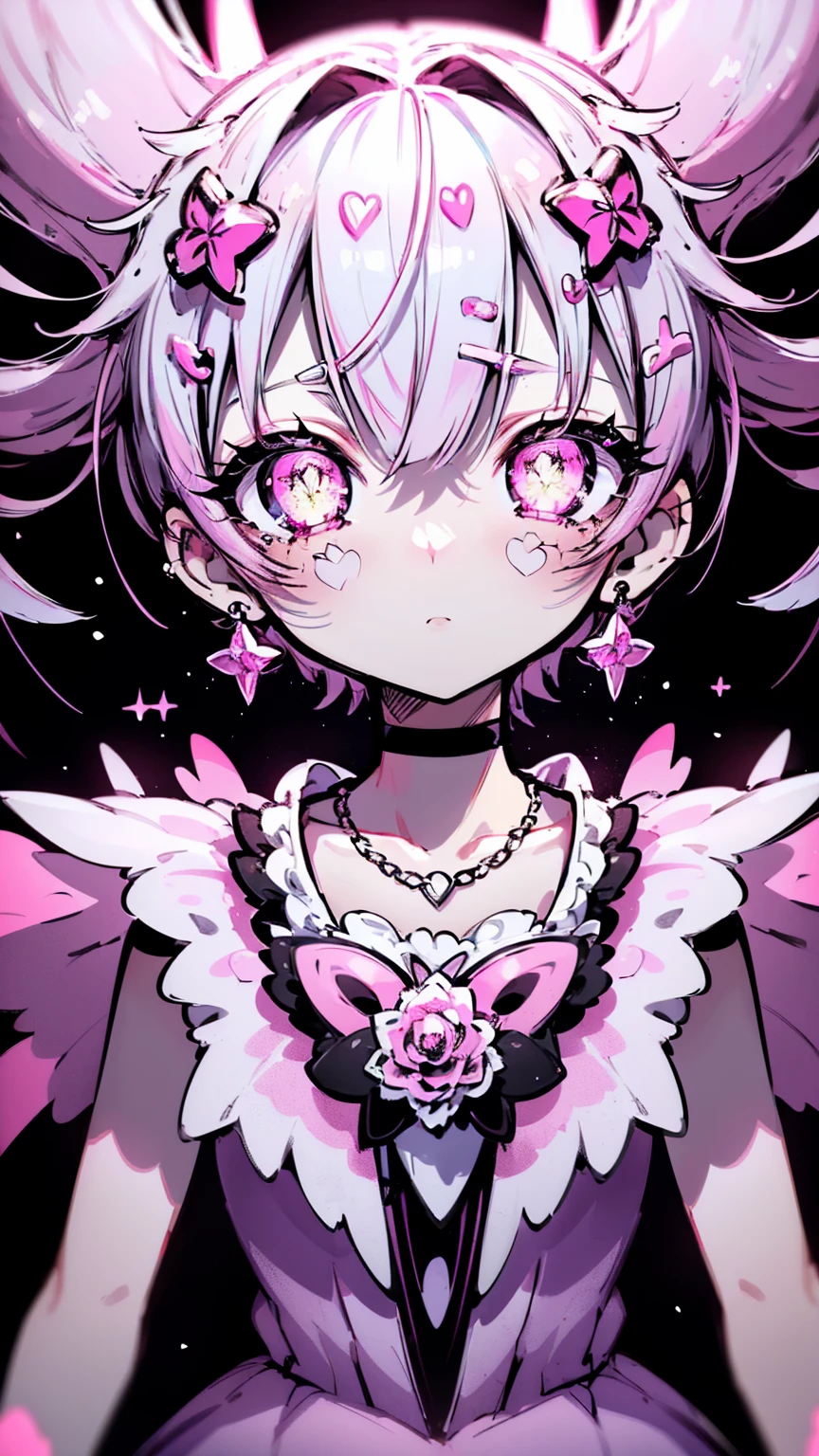 masterpiece, best quality, illustration, flashy pink, platinum earrings, platinum necklace, white dress, 1girl, cute, (dynamic lighting:1.2), cinematic lighting, delicate facial features, detailed eyes, sharp pupils, realistic pupils, depth of field, bokeh, sharp focus, (hyper-detailed, bloom, glow:1.4), many small gems