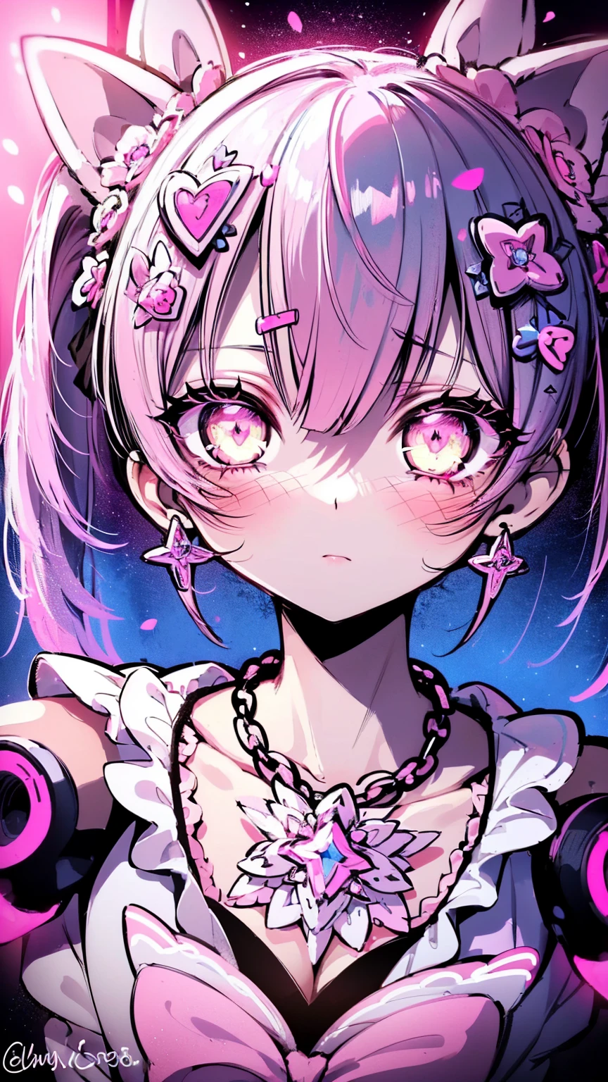 masterpiece, best quality, illustration, flashy pink, platinum earrings, platinum necklace, white dress, 1girl, cute, (dynamic lighting:1.2), cinematic lighting, delicate facial features, detailed eyes, sharp pupils, realistic pupils, depth of field, bokeh, sharp focus, (hyper-detailed, bloom, glow:1.4), many small gems