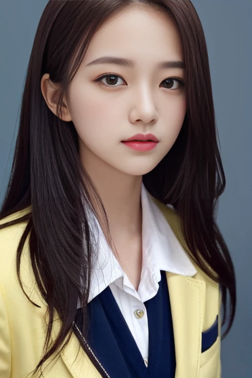 detailed and realistic portrait of a girl with a clean face), (round eyes and long flutters hair shot outside),staring at camera,magical photography, with dramatic lighting, photo realism, Ultra-detailed, (centered image composition), (close up shot:1.6),Best Quality,f/1. 8, 85mm, (18-year-old Asian female), black_heads,(black_eyes:1.2),(bangss),makeups,white_one-piece, (hazy blue_sky_Background with), ((full body shooting)), (Yellow Blazer, bows, Sneakers, Black stockings, High School Uniform: 1.2, ), black simple background
