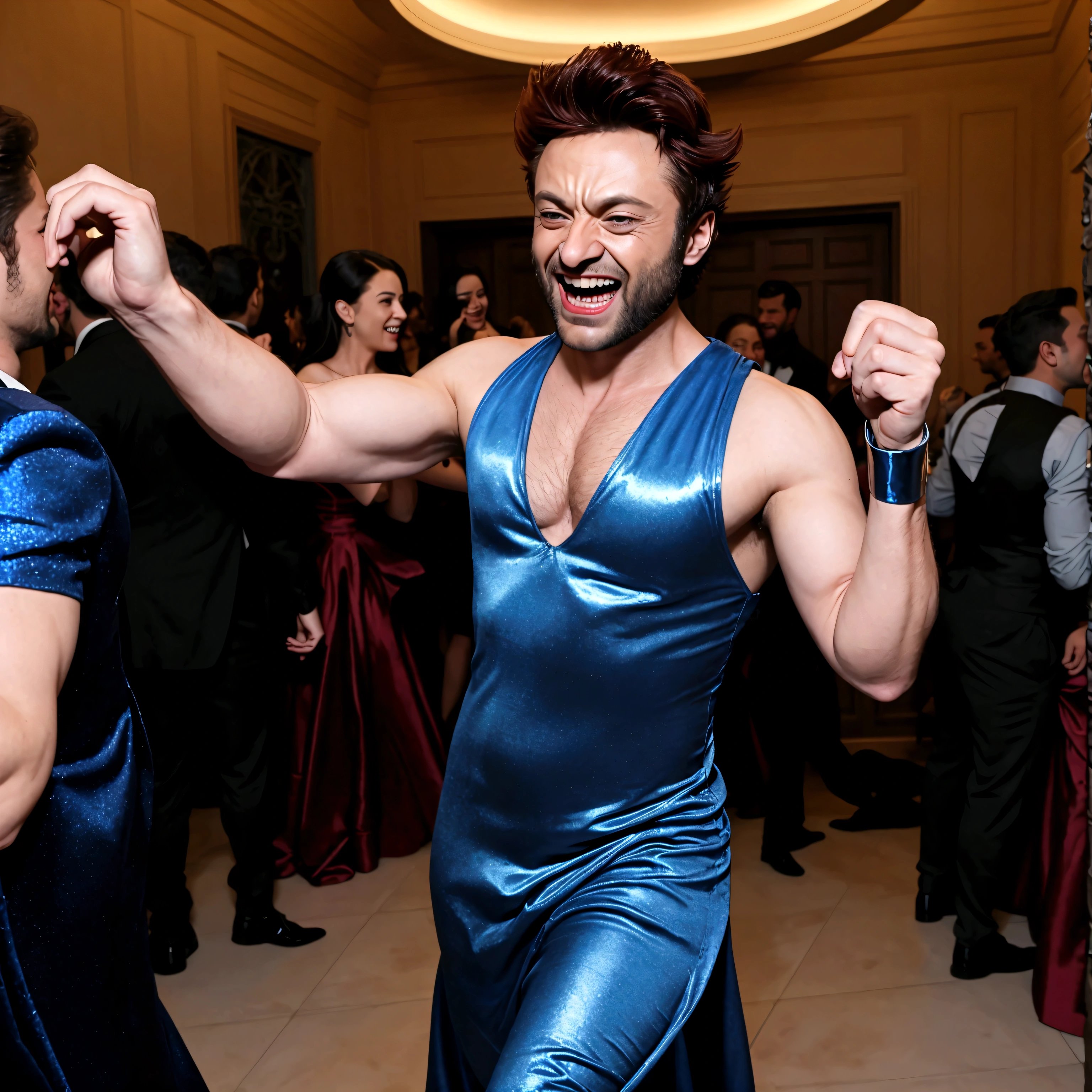 Marvel's Wolverine(male) drunk at a soiree, having fun, wearing a blue evening dress and laughing, X Men dressed casual laughing, Jean Gray embarrassed , X Men mansion
