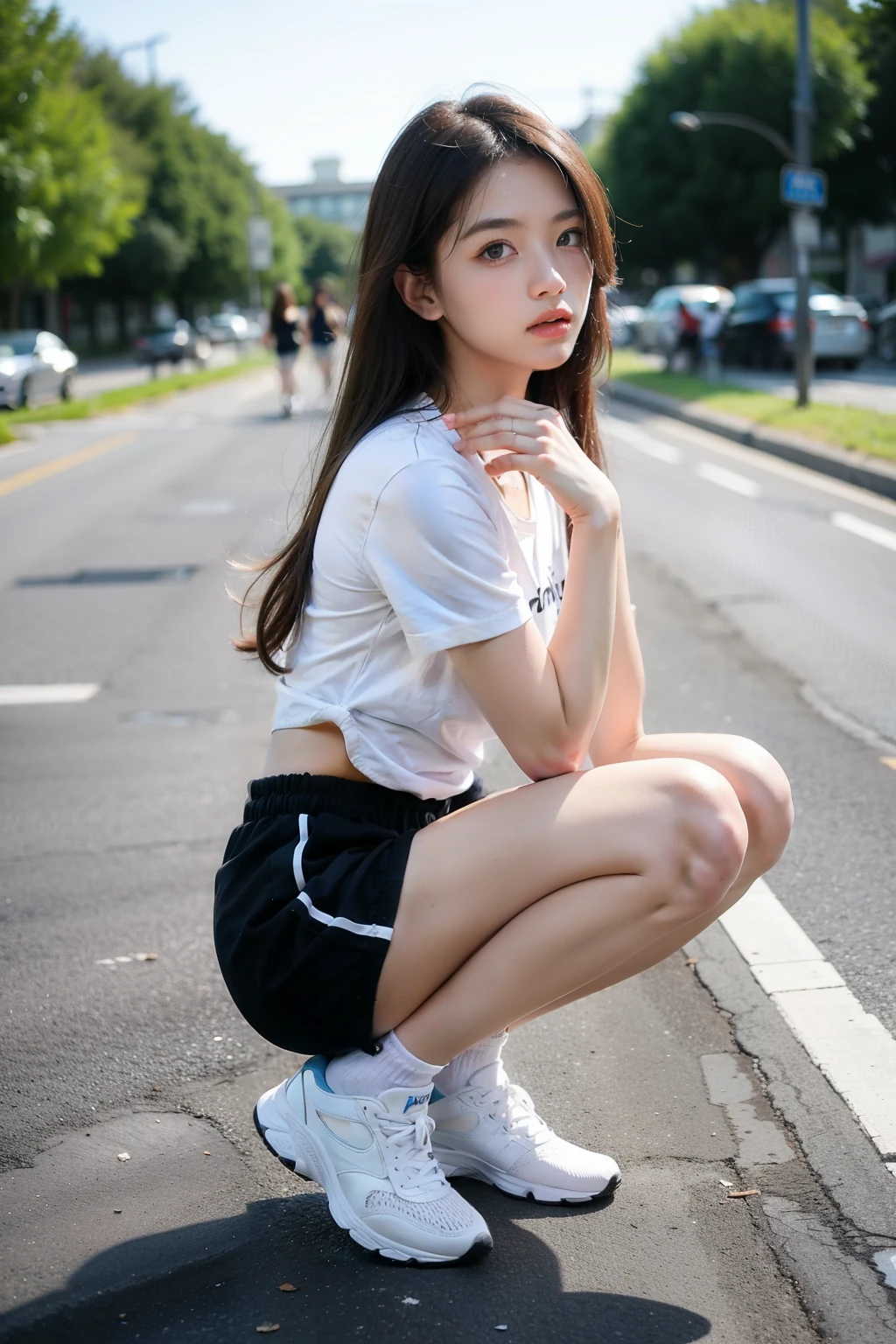 ((best quality)), ((masterpiece)), (detailed), Girl squatting on the roadside,White Socks,sports shoes,Black shorts,White shirt