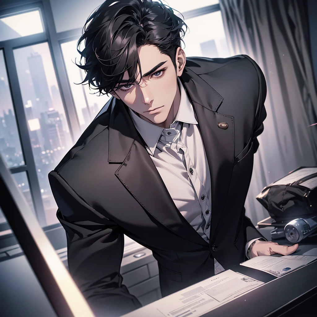 (best quality, masterpiece, 8K, photorealistic, cinematic lighting, 1:4 hdr image, top view, ultra detailed, beautiful image), a mature man, very handsome, short black hair, black eyes, perfect face without errors , ((buttoning his jacket, CEO))