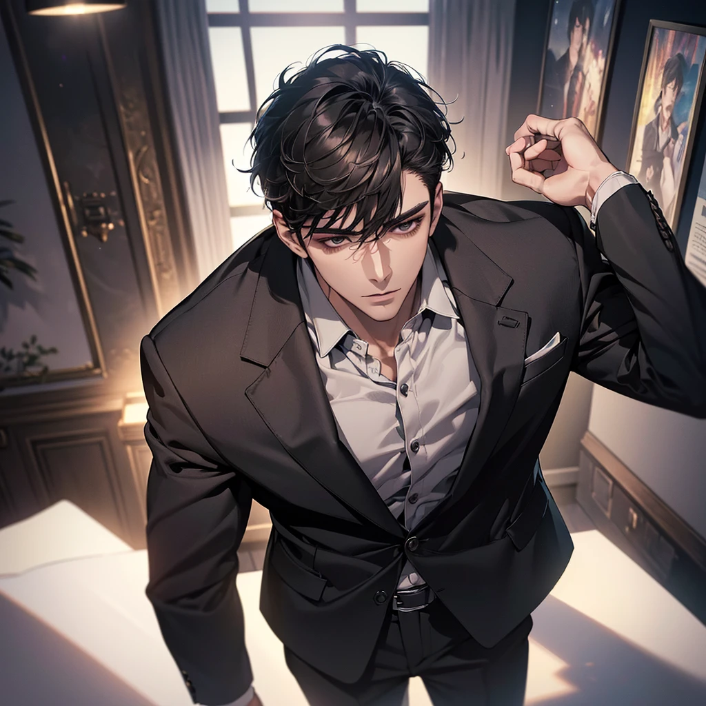 (best quality, masterpiece, 8K, photorealistic, cinematic lighting, 1:4 hdr image, top view, ultra detailed, beautiful image), a mature man, very handsome, short black hair, black eyes, perfect face without errors , ((buttoning his jacket, CEO))