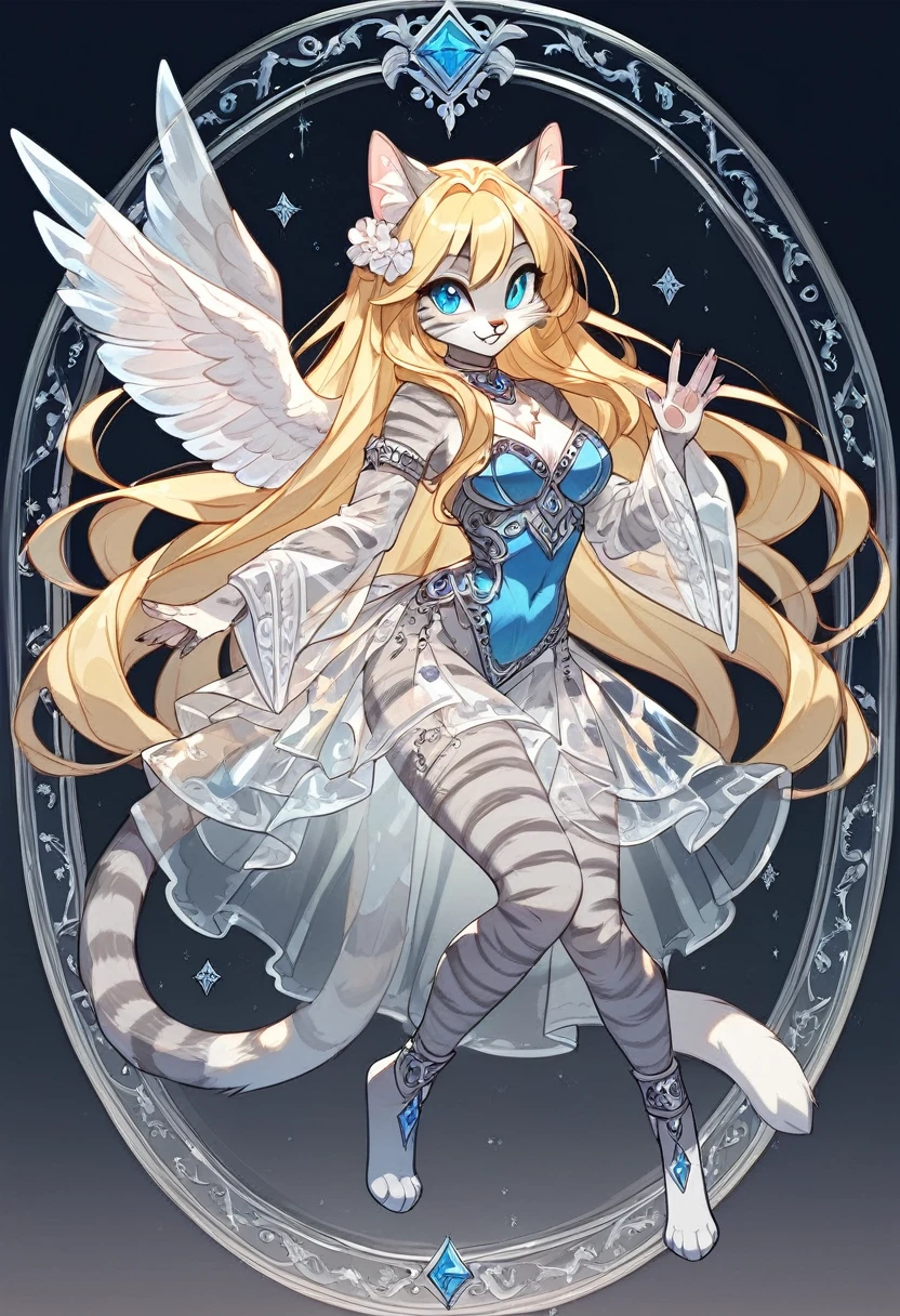 score_9, score_8_up, score_7_up Anthro furry cat girl, 
translucent, transparent, Kat, silver furry body, grey striped body, blonde hair, blue eyes, long blonde hair, majestic pose, standing on a glass base, angelic background