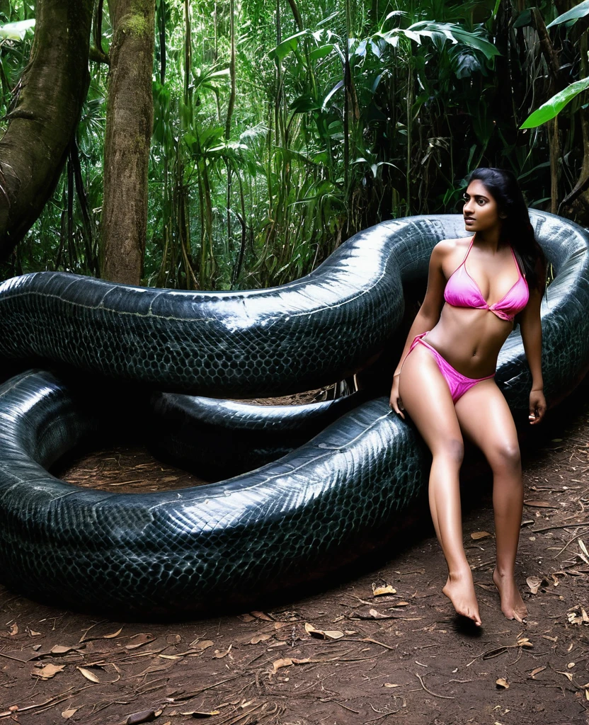  Topless  pink thong wearing aroused horny beautiful happy young Indian  girl vs  Giant colossal black anaconda monster wrapped around her body squeezing her in coiled embrace cuddling and kissing  sexual erotic bestiality  sex  realistic in the rainforest full body, best quality wet 