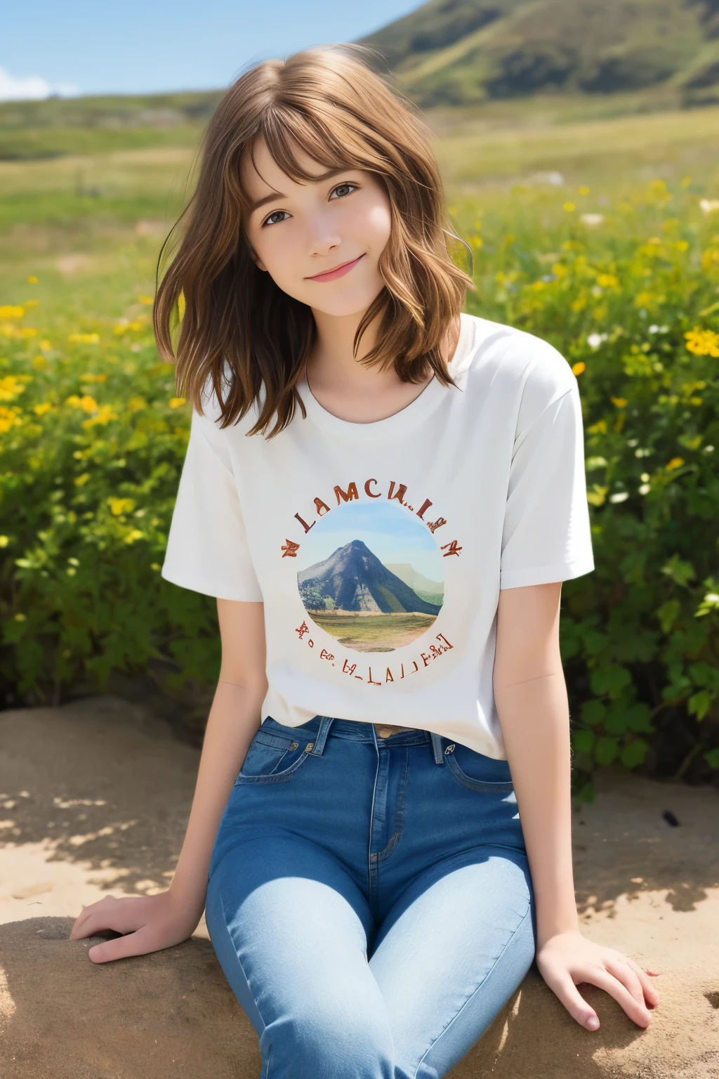 La mejor calidad, Chica Adolescente Max Caulfield  ,Brown hair ,  ,.  ,Cabello largo ,, Profundidad de campo, 
 ,    without smiling ,,, Camiseta blanca y jeans ,Mirando al espectador,  sit Rocas de playa