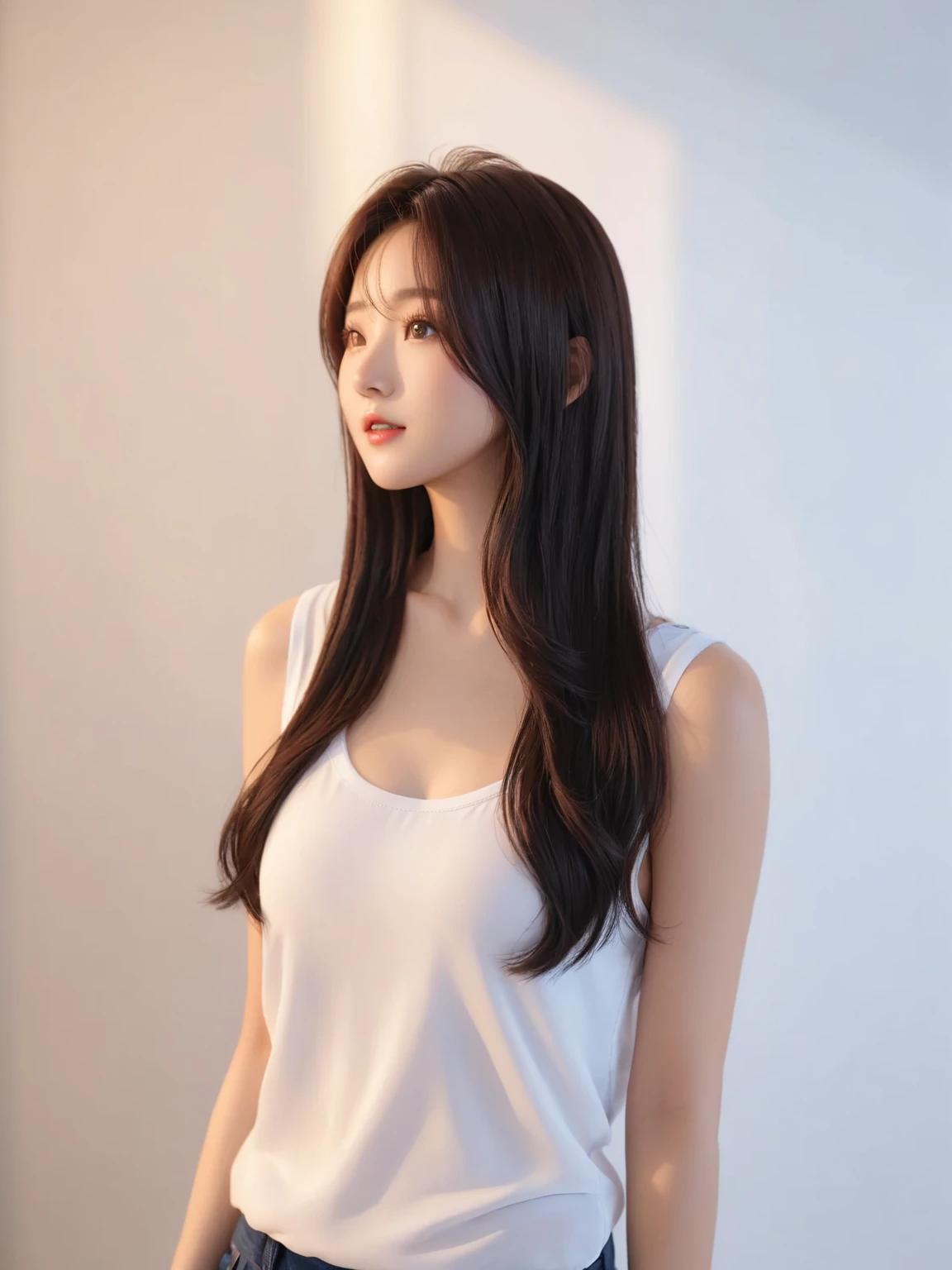 Best Quality, 8k, Masterpiece, (Portrait: 1.3), (photo realistic:1.4), (hyper realistic:1.4), Sharp Focus, looking at viewer, (smoother lighting:1.1), (increase cinematic lighting quality:0.9), realistic lighting, backlighting, light on face, ray trace, (brightening light:1.2), (Increase quality:1.4), sharp detail, (best quality real texture skin:1.4), finely detailed eyes, black_eyes, finely detailed face, 25 year old Korean woman, (white shirt:1.4), (Create an image maintaining the original base model hairstyle:1.5)