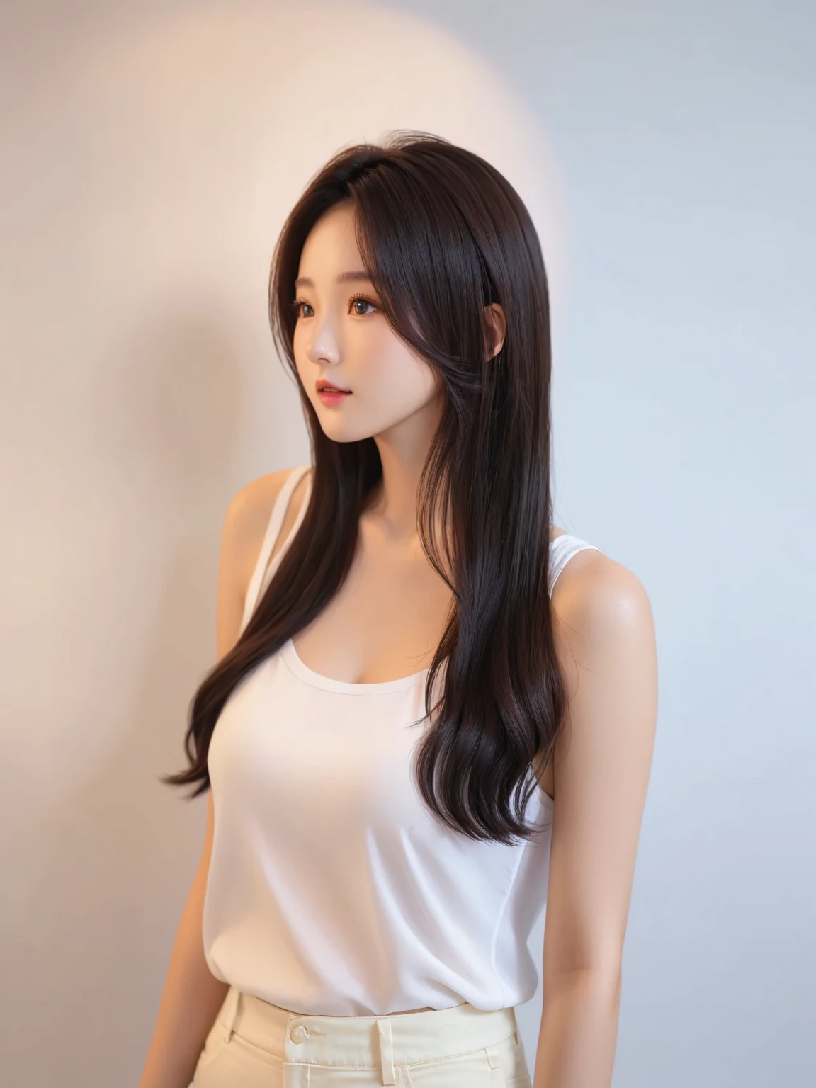 Best Quality, 8k, Masterpiece, (Portrait: 1.3), (photo realistic:1.4), (hyper realistic:1.4), Sharp Focus, looking at viewer, (smoother lighting:1.1), (increase cinematic lighting quality:0.9), realistic lighting, backlighting, light on face, ray trace, (brightening light:1.2), (Increase quality:1.4), sharp detail, (best quality real texture skin:1.4), finely detailed eyes, black_eyes, finely detailed face, 25 year old Korean woman, (white shirt:1.4), (Create an image maintaining the original base model hairstyle:1.5)