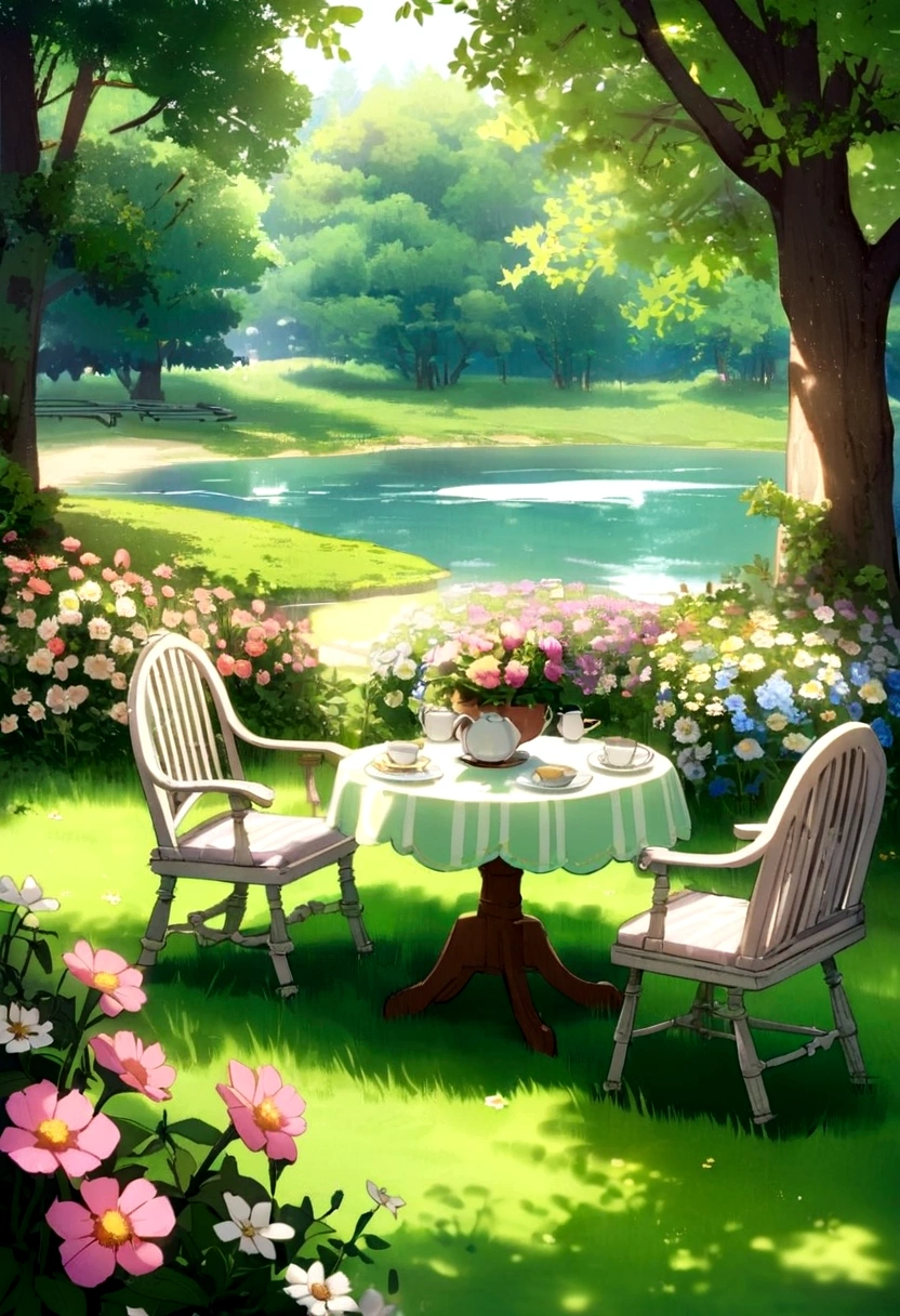 there are two chairs and a table in the grass near a lake, cottagecore!!, cottagecore, idyllic cottage, cottagecore flower garden, beautiful setting, soothing and cozy landscape, lush flowery outdoors, in a cottagecore flower garden, cottage in the woods, flowery cottage, little cottage, summer lake setting