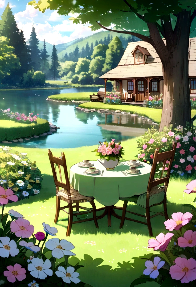 there are two chairs and a table in the grass near a lake, cottagecore!!, cottagecore, idyllic cottage, cottagecore flower garden, beautiful setting, soothing and cozy landscape, lush flowery outdoors, in a cottagecore flower garden, cottage in the woods, flowery cottage, little cottage, summer lake setting