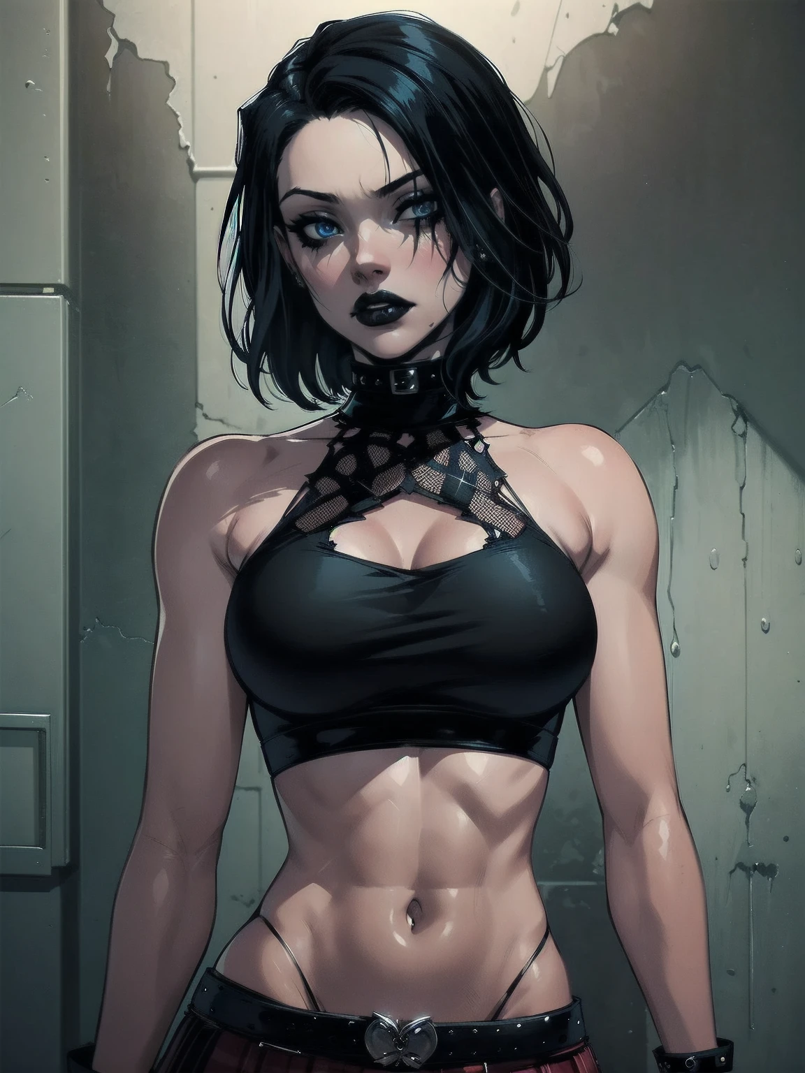 a woman with short black hair, hair on shoulders,  wearing a black cropped, plaid skirt, blue eyes, zombie art, gothic art, cute aesthetic with vibe, toon aesthetic, wearing red costume, wearing gothic accessories, look like Cassie Hack, upper body