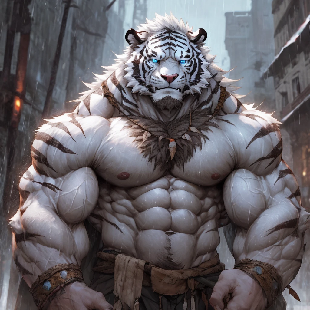 sweaty muscular torso naked rainy village hairy anthropomorphic chest hair serious face(scars in the face) Mature (blue eyes)Huge muscle ripped abs wild,Tribal Ambition White Tiger