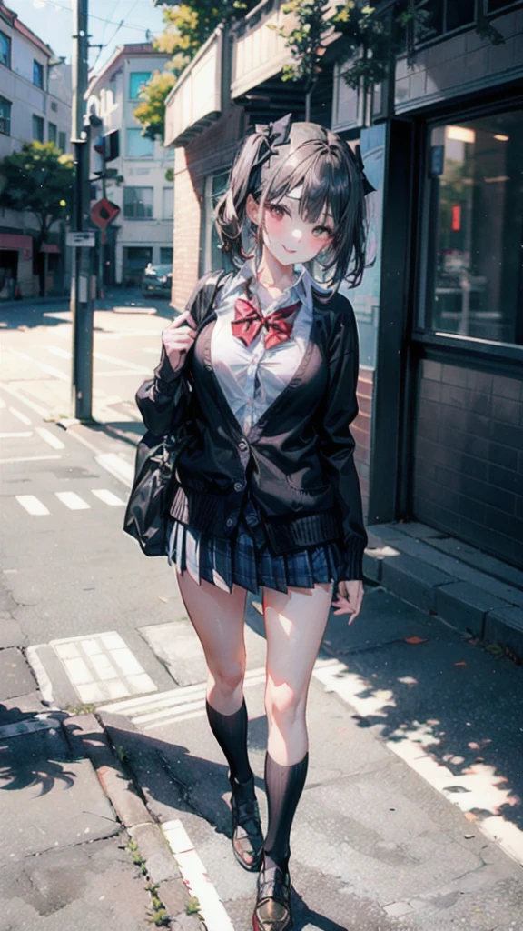 (Best quality, 8k, 32k, Masterpiece, UHD,:1.2),RAW, human, 1girl,ultra cute , ultra cute, natural lighting, transparent shining eyes, 20yo, medium breast ,femur, fair complexion , flushed face, ((Long sleeve black cardigan, white collared shirt, black pleated mini skirt), dark red bow tie), (beautiful scenery), morning, (outdoor), walk, (cute smile, upper eye, parted lips),shiny,