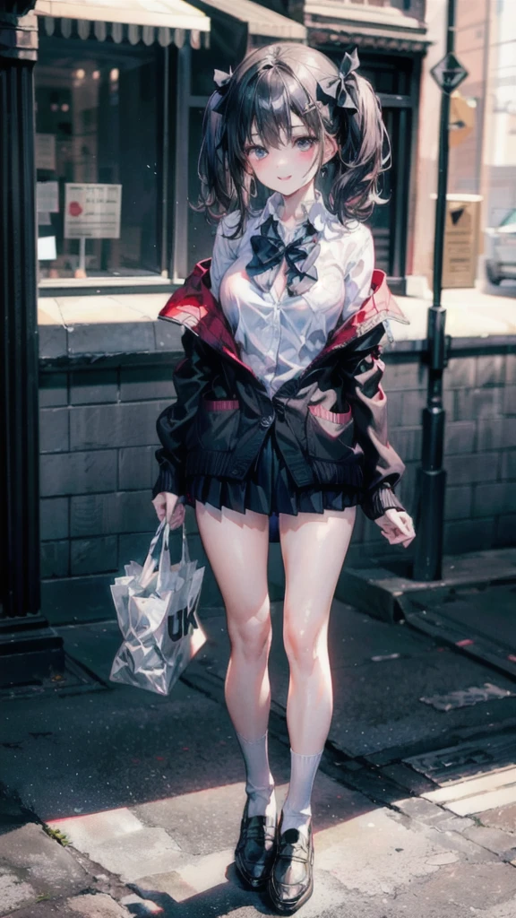 (Best quality, 8k, 32k, Masterpiece, UHD,:1.2),RAW, human, 1girl,ultra cute , ultra cute, natural lighting, transparent shining eyes, 20yo, medium breast ,femur, fair complexion , flushed face, ((Long sleeve black cardigan, white collared shirt, black pleated mini skirt), dark red bow tie), (beautiful scenery), morning, (outdoor), walk, (cute smile, upper eye, parted lips),shiny,