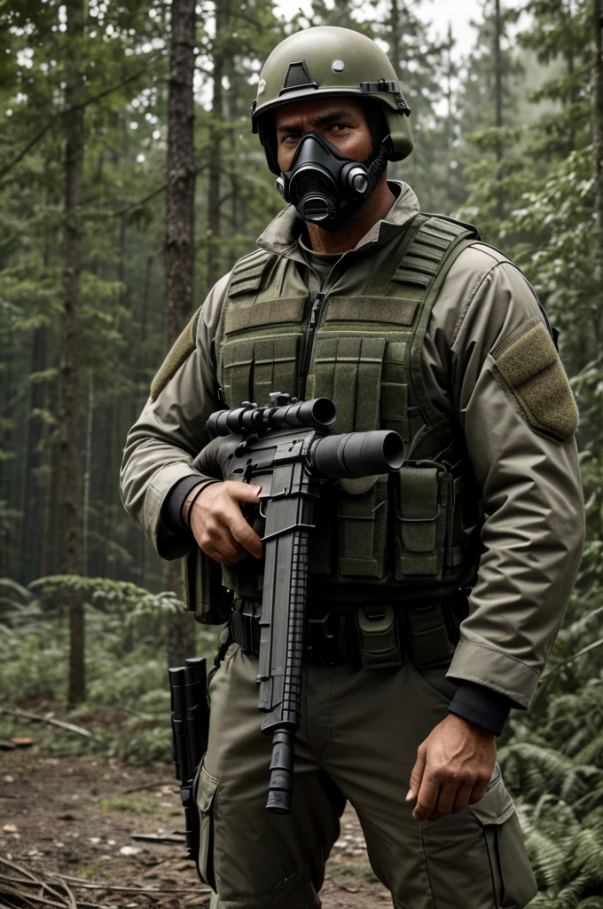 Claro, Here you have a more summarized prompt and with
"Illustrate Zuka, the tactical team leader, in a post-apocalyptic wooded area near an abandoned factory. Zuka is a middle-aged man with a strong build, short dark hair, and a few days' beard. He wears an urban camouflage tactical suit, a bulletproof vest with ammunition, and a helmet with a visor. A gas mask and anti-radiation gear, including a dosimeter, are visibly attached. He holds an AK-74M assault rifle and is crouched behind a tree, scanning the surroundings with a focused expression. The background shows a dilapidated factory overgrown with vegetation, under a cloudy sky with dim lighting."