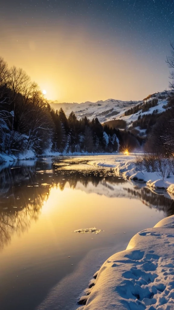 Snowy river at night,There are stars and snow, Glowing Snow, Golden sky lantern, Winter scene fantasy, snowflake, Golden ethereal light, Light Snow, Glittering Gold, 4k HD matte digital, 4k highly detailed digital art, Golden Light, Warm and beautiful scene, 美丽的Snow Scene, Snow Scene, Golden Falls, Underwater sparkling river, Golden Light((best quality)), ((masterpiece)), (detailed), Perfect face