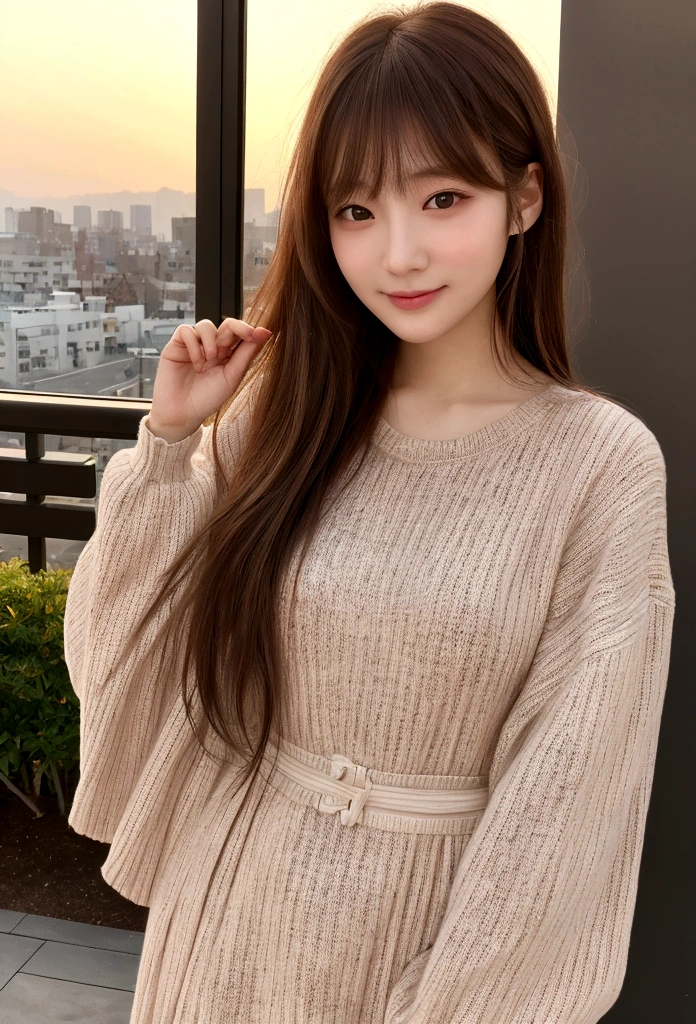 21 years old、masterpiece、1 beautiful girl、Detailed eyes、Puffy eyes、Highest quality, 超A high resolution, (Reality: 1.4), Cinema Lighting、Japanese、Asian Beauty、Super Beauty、Beautiful Skin、Slender、Body facing forward、(Surreal)、(High resolution)、(8k)、(Very detailed)、(Beautiful and detailed eyes)、(Ultra-detailed)、 (wall-)、Detailed face、Bright lighting、Professional Lighting、View your viewers、Look straight ahead、(The costume is a knit dress)、Long Hair, My hair is messy, Asymmetrical bangs, 、Night Scenery、Brown Hair、Japan is an idol、Korean Idol、Gravure idol pose、expensive, smile, Natural sunset, Turn around, evening, smile, Natural look, Be human, Realistic skin texture, evening8時ごろの明るさ