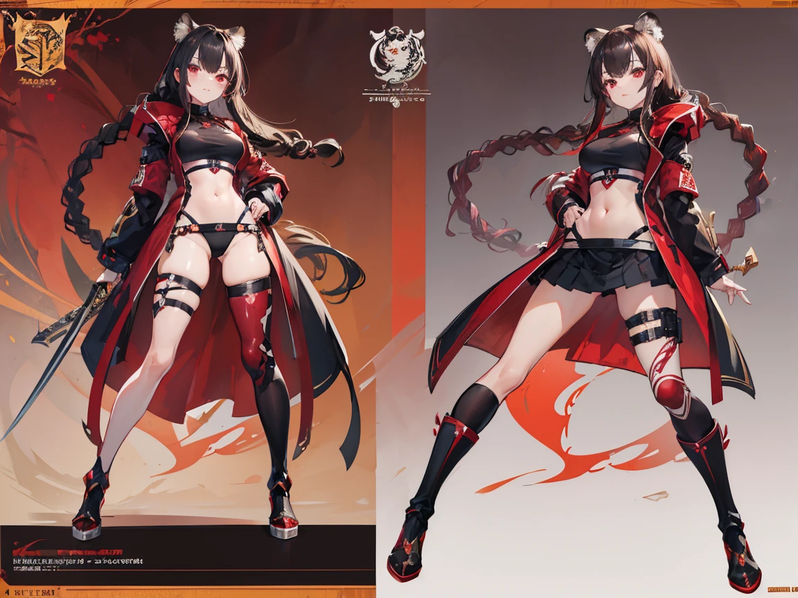 ((masterpiece, highest quality)), detailed face, Character design sheet， full bodyesbian, full of details, Multiple poses and expressions, highly detailed, depth, lots of details，Beautiful girl ，Double braid，white stockings，barefoot，(Piece masuter,Best Quality,Ultra-detailed), (Character Sheet:1.2),full - body, supreme，1girll，long legs，burgundy and black shirts， Upskirt，windproof boots，Orange, Large red and black trench coat，Long red and black hair，red eyes，standing pose，Red Katana，HighestQuali,4k，Chinese girl design，Tiger Girl, tiger hybrid, bare belly, Detailed Genshin graphics，anime character design，anime concept art，pretty anime character design，anime character reference sheet，[Character design]，4k，Detailed,brunette hair, super detaill, SolidBackground, higly detailed, 4k,Dagger Decoration,The same character, bare stomach