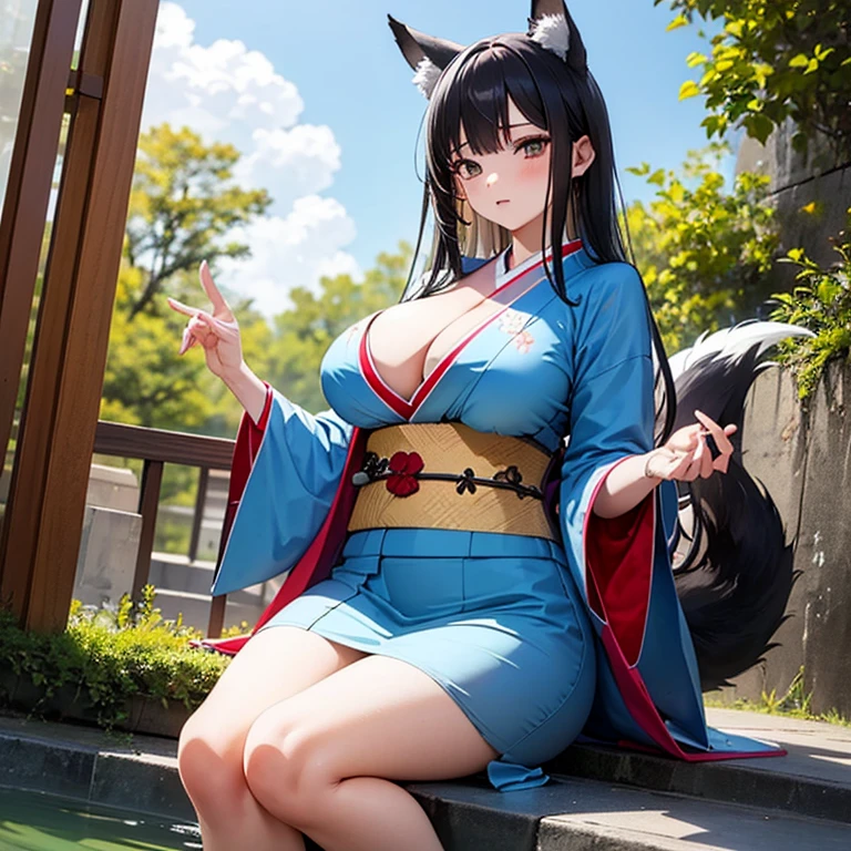 One Girl, Fox Girl, Nine-Tailed Fox,Fox Ears, Black colored hair, Fox Makeup,One Girl, Kimono with open chest, Body size is 100-70-90!, Nice body, Avatar, face, Open chest, lewd face, Dominant representation, naughty face, Big Breasts, Emphasize cleavage,Show bare skin, Skin is visible, With legs apart, Show off your thighs, M-shaped legs, A beautifully patterned kimono,Red and black flowing water pattern kimono, I can see her cleavage, I can see your underwear, Nipples, See-through, Plump body, Muscular, Uplifting, Abdominal muscles, Exposed skin, Long Hair, Skin Texture, Soft breasts, Large Breasts, Standing in a grassy field, outside, Blue sky,Composition facing directly ahead, Grab the breasts with both hands, Fingers digging into breasts, Developmental atmosphere, god秘的な絵, god々Cool atmosphere