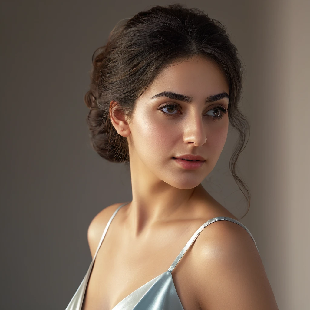 dressed, (photo realistic:1.4), (hyper realistic:1.4), (realistic:1.3),
(smoother lighting:1.05), (increase cinematic lighting quality:0.9), 32K,
1girl,20yo girl, armenian woman, realistic lighting, backlighting, light on face, ray trace, (brightening light:1.2), (Increase quality:1.4),
(best quality real texture skin:1.4), finely detailed eyes, finely detailed face,
(tired and sleepy and joy), (laugh:0), face closeup, t-shirts,
(Increase body line mood:1.1), (Increase skin texture beauty:1.1) , waist shot, ((butt facing camera)), ((protruding ass)), ((flowing satin gown)), flowing long skirt, gamis