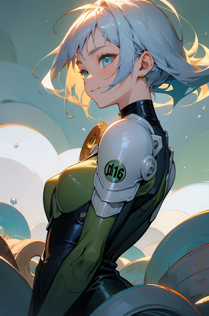 16-year-old girl、Anime style painting、Upper body close-up、smile、From the side, impression, (Oil), Green and orange tones、Silver Hair, (Sparkling blue eyes)、Eat a big donut、Delicate contours、Background blur, The depth of the drawn boundaries