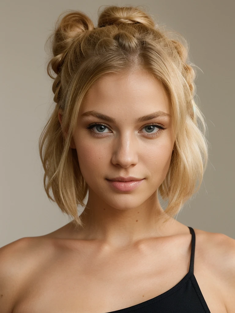an eye contact of a blond with bun hair sexy