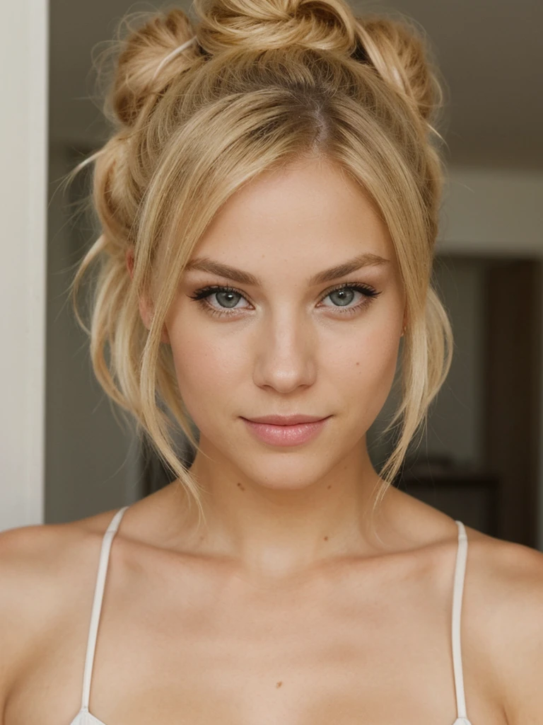 an eye contact of a blond with bun hair sexy