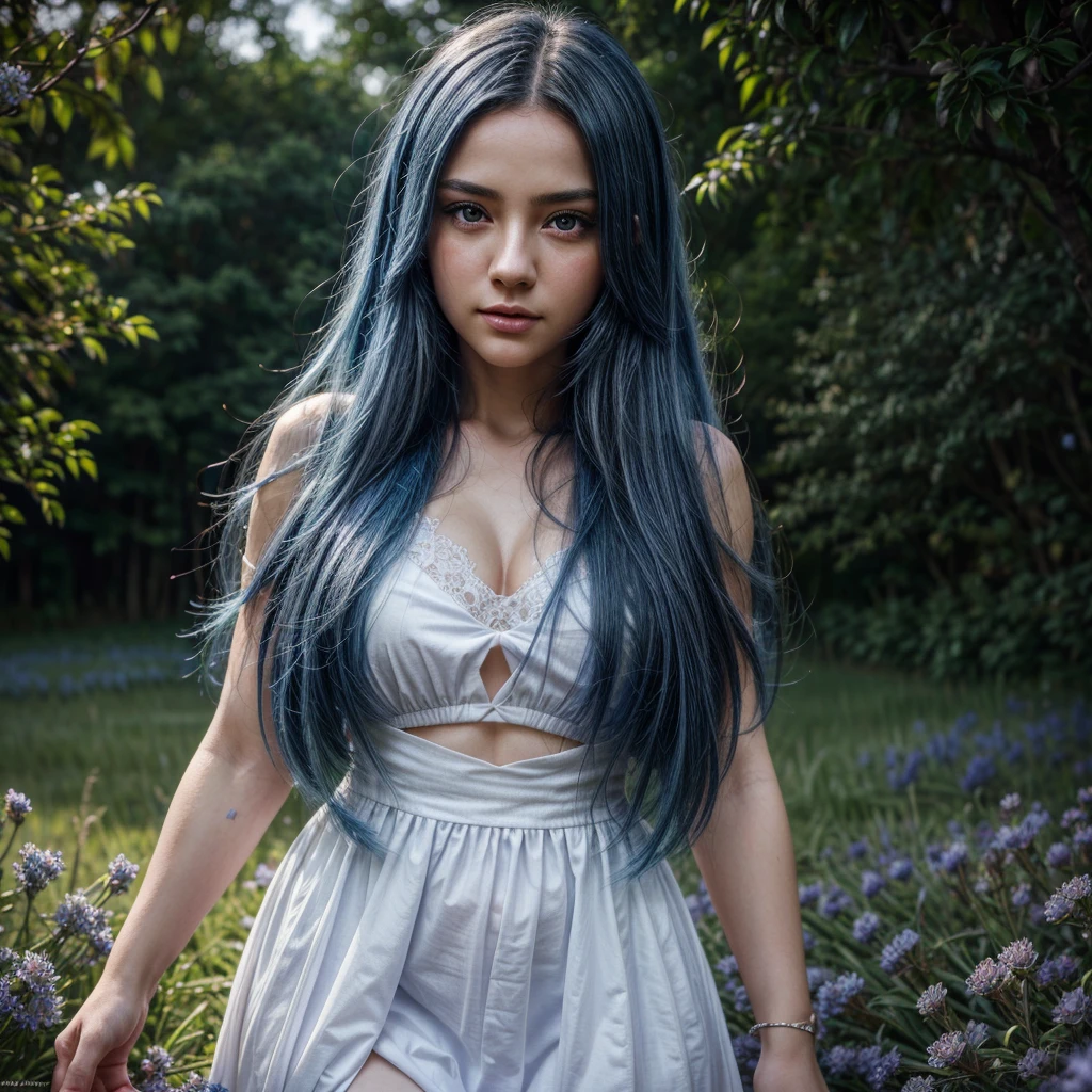 medium,a cute anime-style girl with long blue hair,beautiful detailed eyes,beautiful detailed lips,extremely detailed eyes and face,longeyelashes,wearing a white dress,standing in a field of blue flowers,looking at the camera,natural lighting,vibrant colors,soft lighting,detailed background,highly detailed,extremely detailed,4k,8k,highres,masterpiece,ultra-detailed,realistic,photorealistic,photo-realistic,HDR,UHD,studio lighting,ultra-fine painting,sharp focus,physically-based rendering,extreme detail description,professional,vivid colors,bokeh,digital art