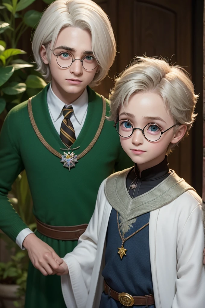 Imagem de um casal de um menino de cabelos pretos, pele branca e olhos verde e uma  de cabelo platinado pele branca em formato harry potter pixar