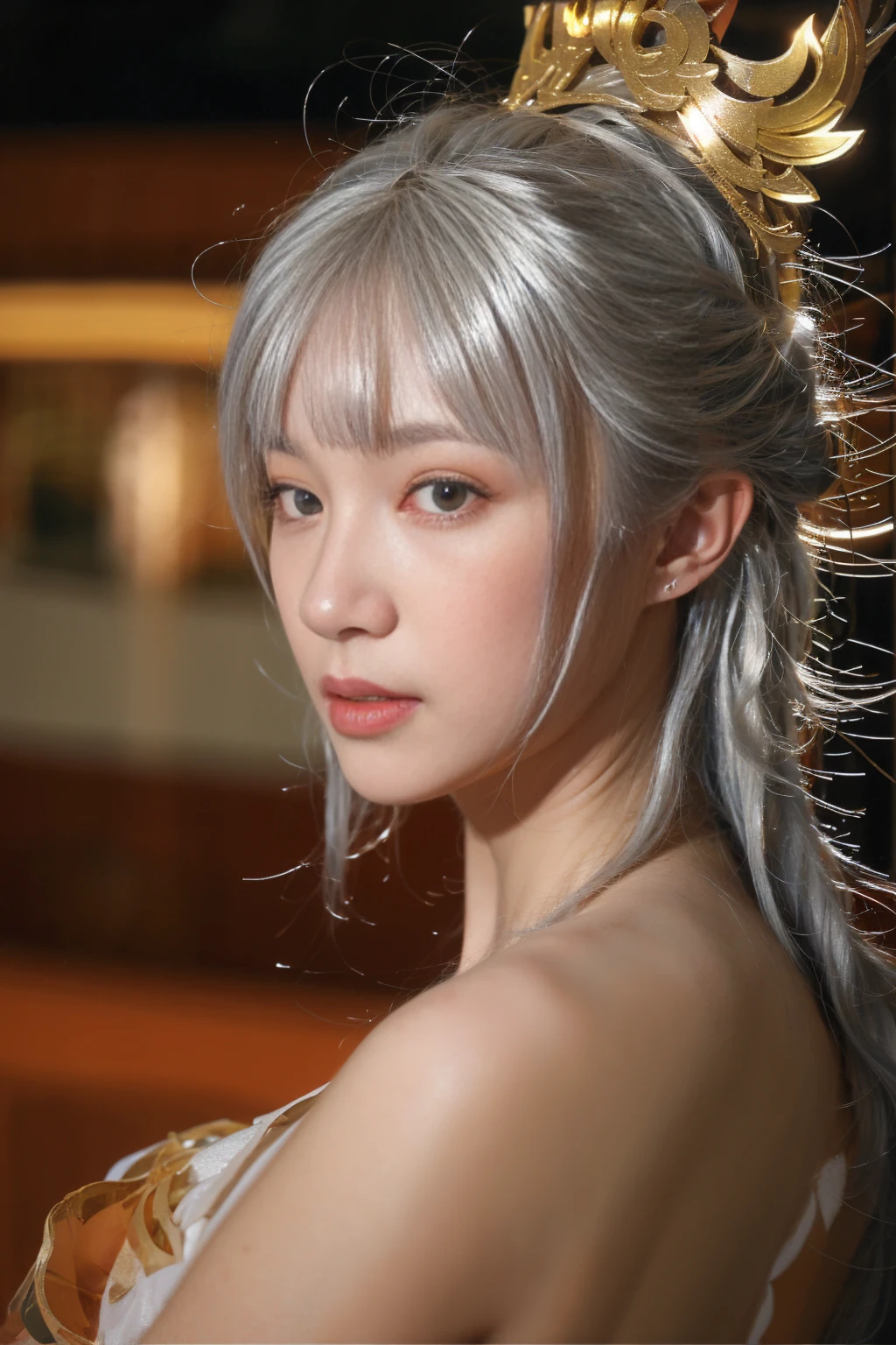  ulzzang-6500-v1.1,(raw photo:1.2),((photorealistic:1.4))best quality ,masterpiece, illustration, an extremely delicate and beautiful, extremely detailed ,CG ,unity ,8k wallpaper,  finely detail, best quality,extremely detailed CG unity 8k wallpaper,absurdres, incredibly absurdres, huge filesize, ultra-detailed, highres, extremely detailed,beautiful detailed girl, extremely detailed eyes and face, beautiful detailed eyes,light on face,cinematic lighting, ,1girl, mature female, night, cityscape, looking at viewer, dress, hair bun,low ponytail, long hair,hair ribbon, cowboy shot, hair ornament, (silver hair:1.3), (looking at viwer:1.7),