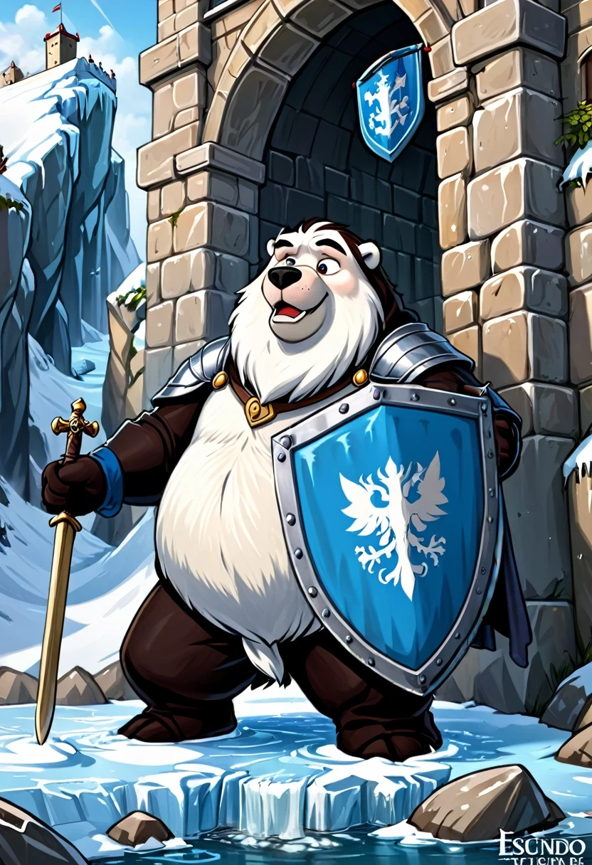 um grande urso polar furioso segurando um grande escudo sentado em uma pedra de gelo rugindo, escudo azul, Digital illustration, ambiente medieval, cartoon, High definition, detalhes
