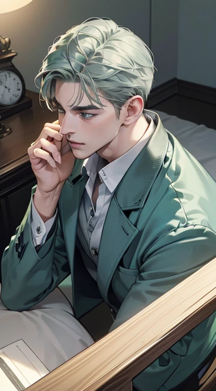 (best quality, masterpiece, 8K, photorealistic, cinematic lighting, 1:4 hdr image, top view, ultra detailed, beautiful image), a mature man, very handsome, short grey green hair, grey blue eyes, perfect face without errors , ((buttoning his jacket, CEO))