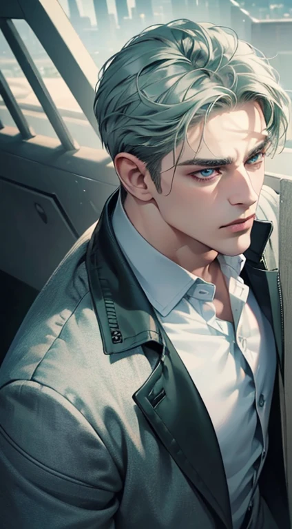 (best quality, masterpiece, 8K, photorealistic, cinematic lighting, 1:4 hdr image, top view, ultra detailed, beautiful image), a mature man, very handsome, short grey green hair, grey blue eyes, perfect face without errors , ((buttoning his jacket, CEO))