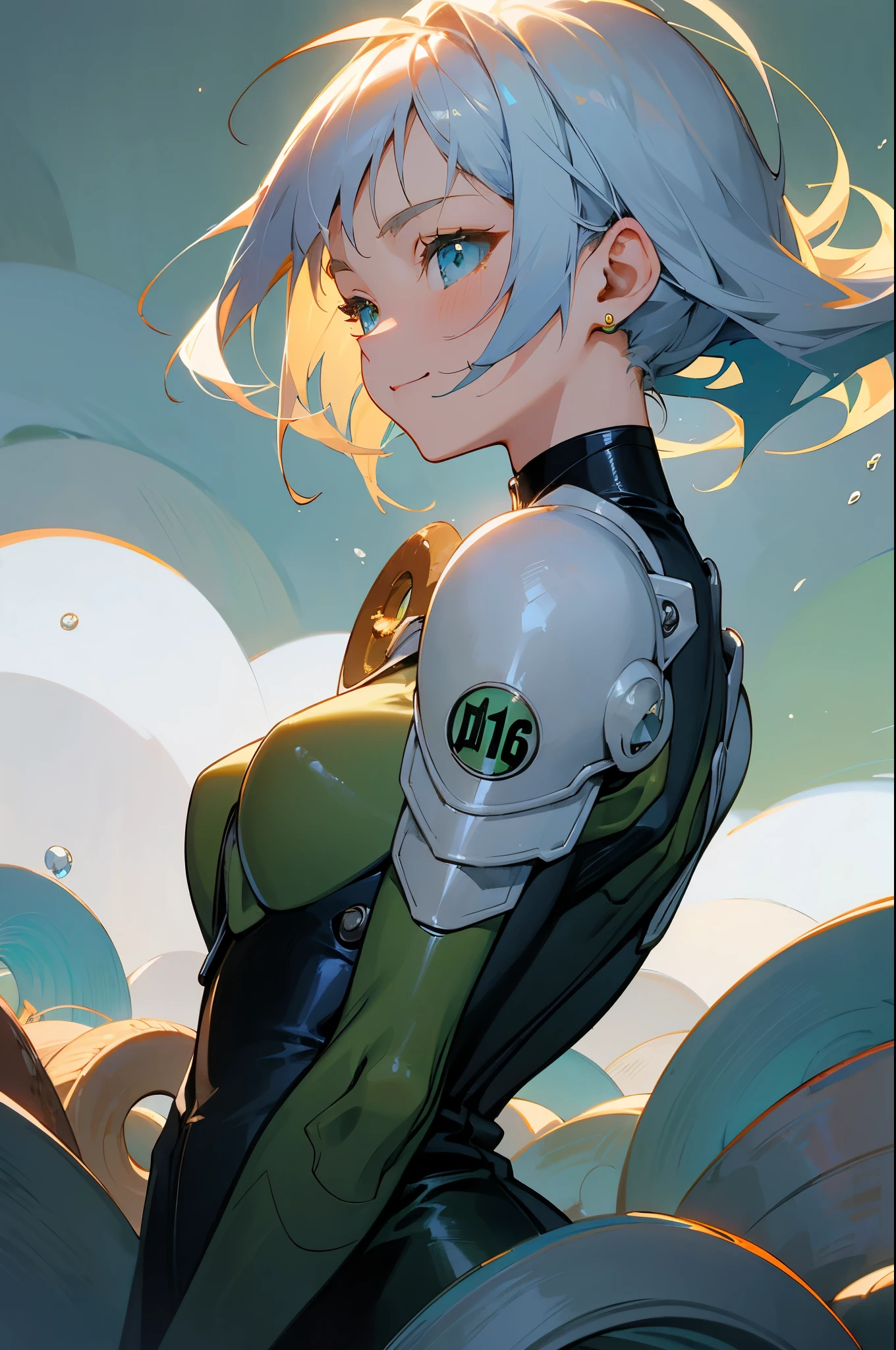 ****************、Anime style painting、Upper body close-up、smile、From the side, impression, (Oil), Green and orange tones、Silver Hair, (Sparkling blue eyes)、Eat a big donut、Delicate contours、Background blur, The depth of the drawn boundaries
