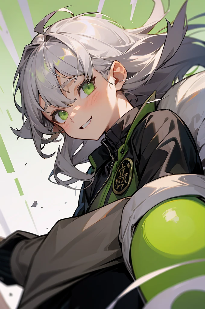 (masterpiece), best quality, face portrait, boy, li, dark green zip-up jacket with white fur on top, black loose T-shirt, emerald amulet around his neck , light green kind eyes wide open, (gray:1.6) long hair falling over the eyes and nose, with curls sticking out in different directions, hairstyle in the form of a long thin ponytail, with a huge smile on his face