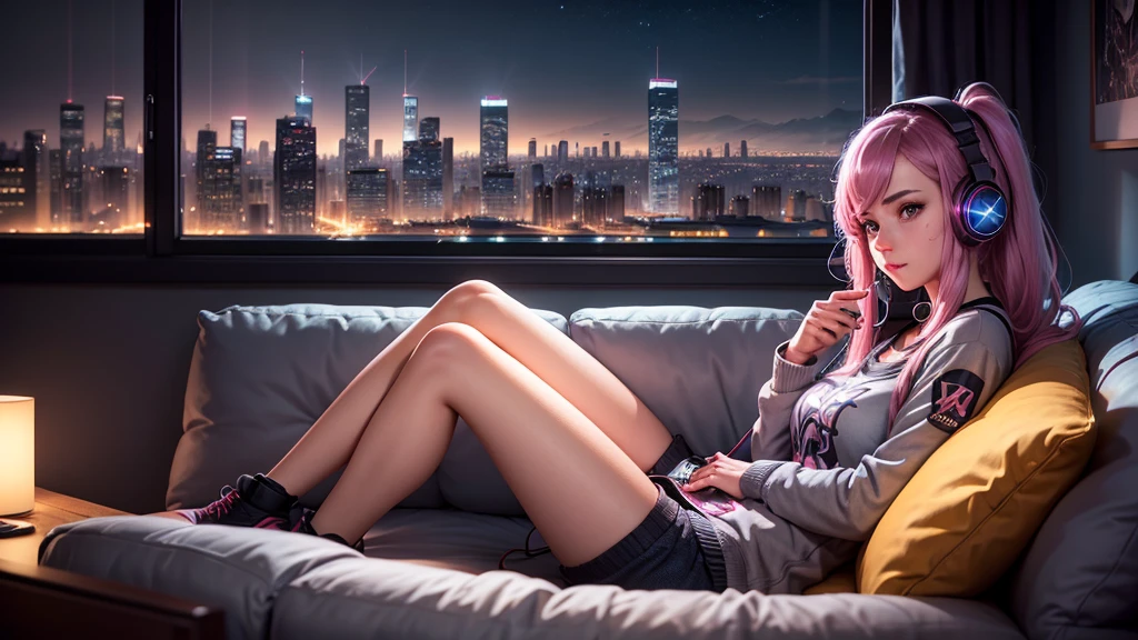 A gamer girl relaxing on the couch with a portable gaming device in her hands and headphones on, in your living room with a city skyline outside the window at night. Tenha cartazes de jogos na parede.