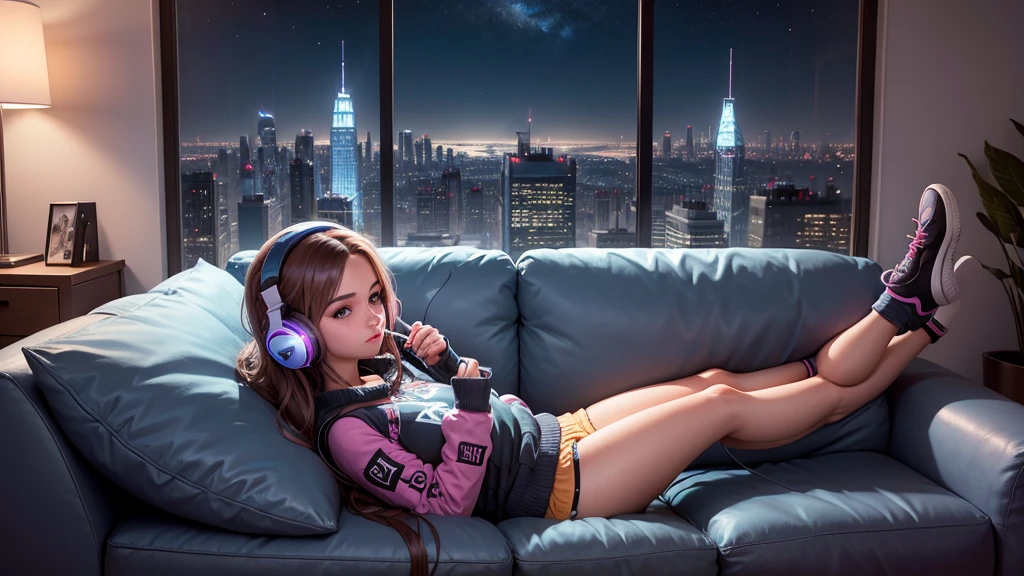 A gamer girl relaxing on the couch with a portable gaming device in her hands and headphones on, in your living room with a city skyline outside the window at night. Tenha cartazes de jogos na parede.