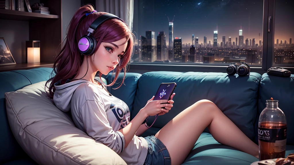 A gamer girl relaxing on the couch with a portable gaming device in her hands and headphones on, in your living room with a city skyline outside the window at night. Tenha cartazes de jogos na parede.