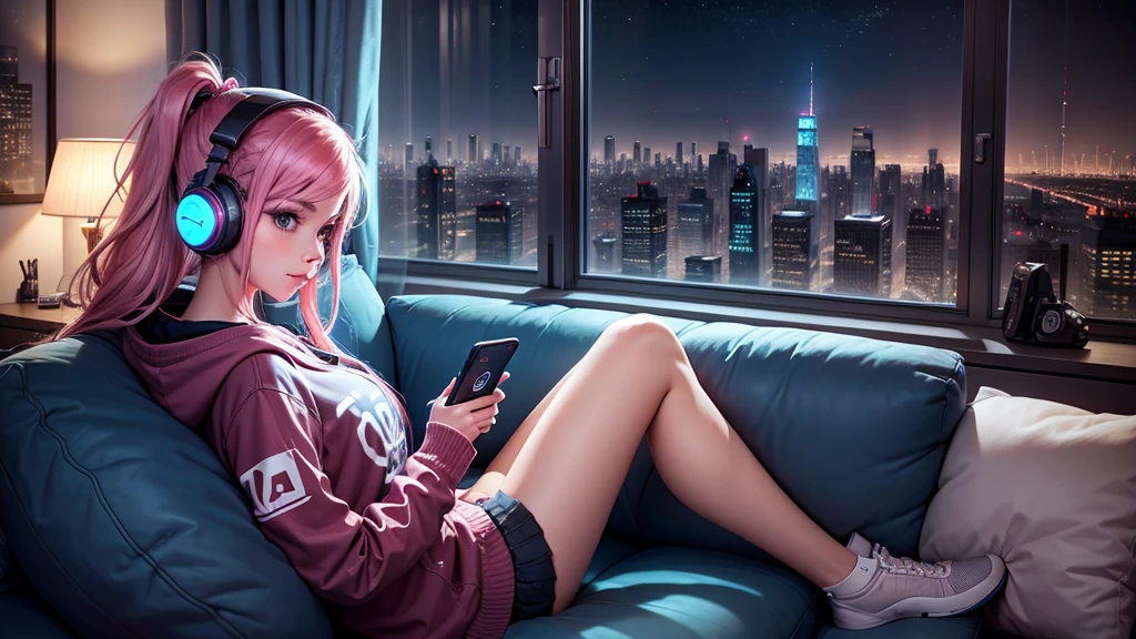 A gamer girl relaxing on the couch with a portable gaming device in her hands and headphones on, in your living room with a city skyline outside the window at night. Tenha cartazes de jogos na parede.