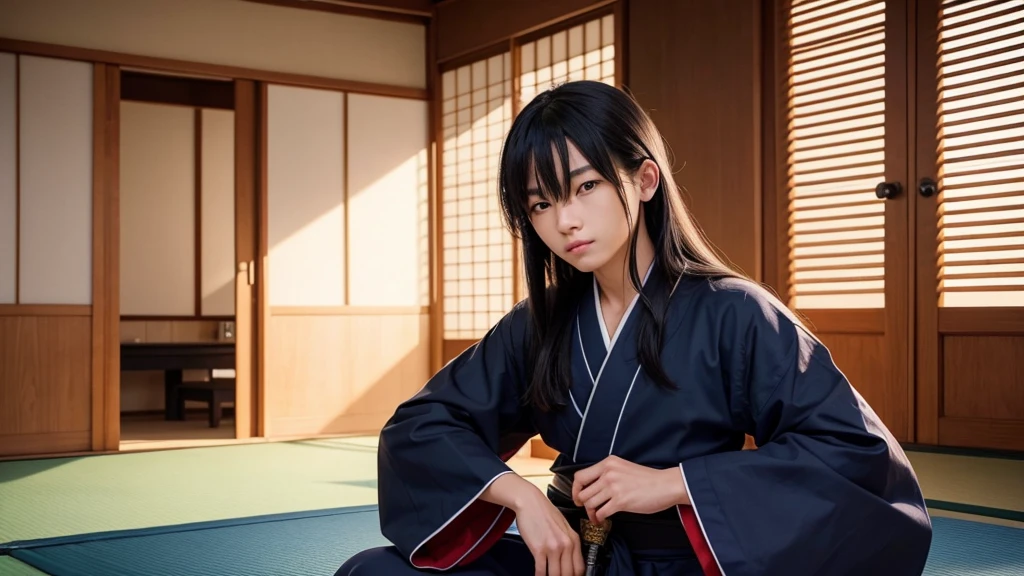 One person、solo、Facing the viewer head-on、Whole body shot、indoor、tatami、dojo、Woman dressed as a man、Good looking woman、Butch、long hair、Black Hair、Black hair、Knot、Iris、20-year-old、Wearing blue hakama、Kimono、Sword on waist、Arms crossed、4k、（Masterpiece）、（（Detailed））