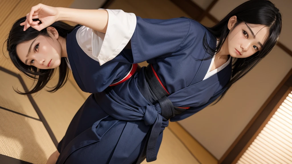 One person、solo、Facing the viewer head-on、Whole body shot、indoor、tatami、dojo、Woman dressed as a man、Good looking woman、Butch、long hair、Black Hair、Black hair、Knot、Iris、20-year-old、Wearing blue hakama、Kimono、Sword on waist、Arms crossed、4k、(Masterpiece)、((Detailed))