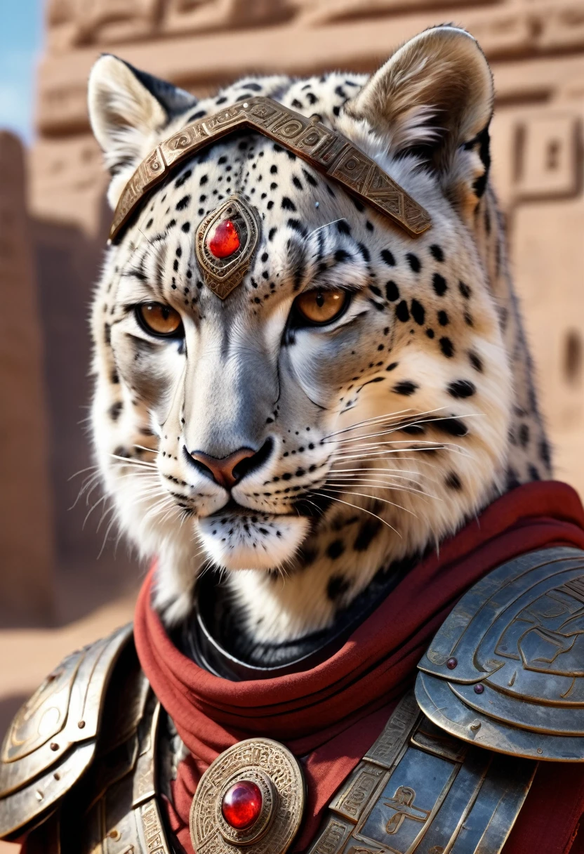 ((not a human, male snow leopard in a epic Egyptian armor, a weathered wool hood with runes and a highly technological helmet)), (glowing eyes), raw photo, (landscape with an impressively epic ancient valley horizon and a temple), masterpiece, Nordic, , Best quality, Dynamic pose, ultra detailed, Metal plates, rust, full body, light trail, dramatic lighting, red tone, short hair, Photorealistic, Hyperrealistic, hyper-detailed, analog style, soft lighting, subsurface scattering, Realistic, heavy shadow, masterpiece, Best quality, ultra Realistic, 8K, high detail, Analog photography, soft focus, (Close-up head-on)