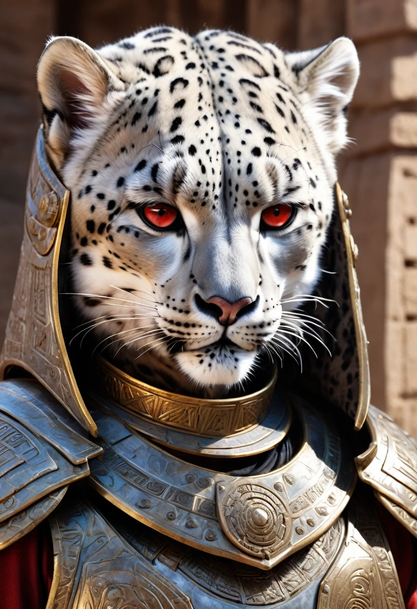 ((not a human, male snow leopard in a epic Egyptian armor, a weathered wool hood with runes and a highly technological helmet)), (glowing eyes), raw photo, (landscape with an impressively epic ancient valley horizon and a temple), masterpiece, Nordic, , Best quality, Dynamic pose, ultra detailed, Metal plates, rust, full body, light trail, dramatic lighting, red tone, short hair, Photorealistic, Hyperrealistic, hyper-detailed, analog style, soft lighting, subsurface scattering, Realistic, heavy shadow, masterpiece, Best quality, ultra Realistic, 8K, high detail, Analog photography, soft focus, (Close-up head-on)