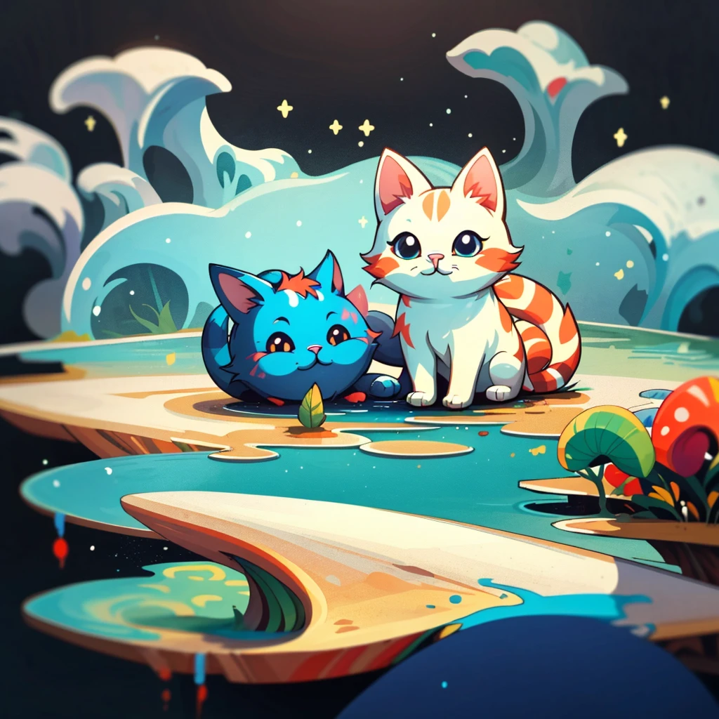A stylized cat emblem, adorned with vibrant hues, stands in a watery landscape. The design, simple yet mesmerizing, incorporates various water elements. The emblem, created as vector art, boasts a minimalistic approach that accentuates its symbolic appeal. The cat, with an enchanting gaze, appears to sit serenely amidst waves and droplets, inviting a sense of peace and tranquility.