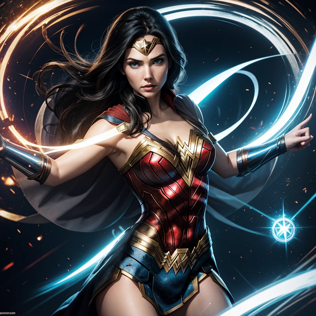 A realístic wonder woman as Doctor Strange white in cyber suit cinematic 
