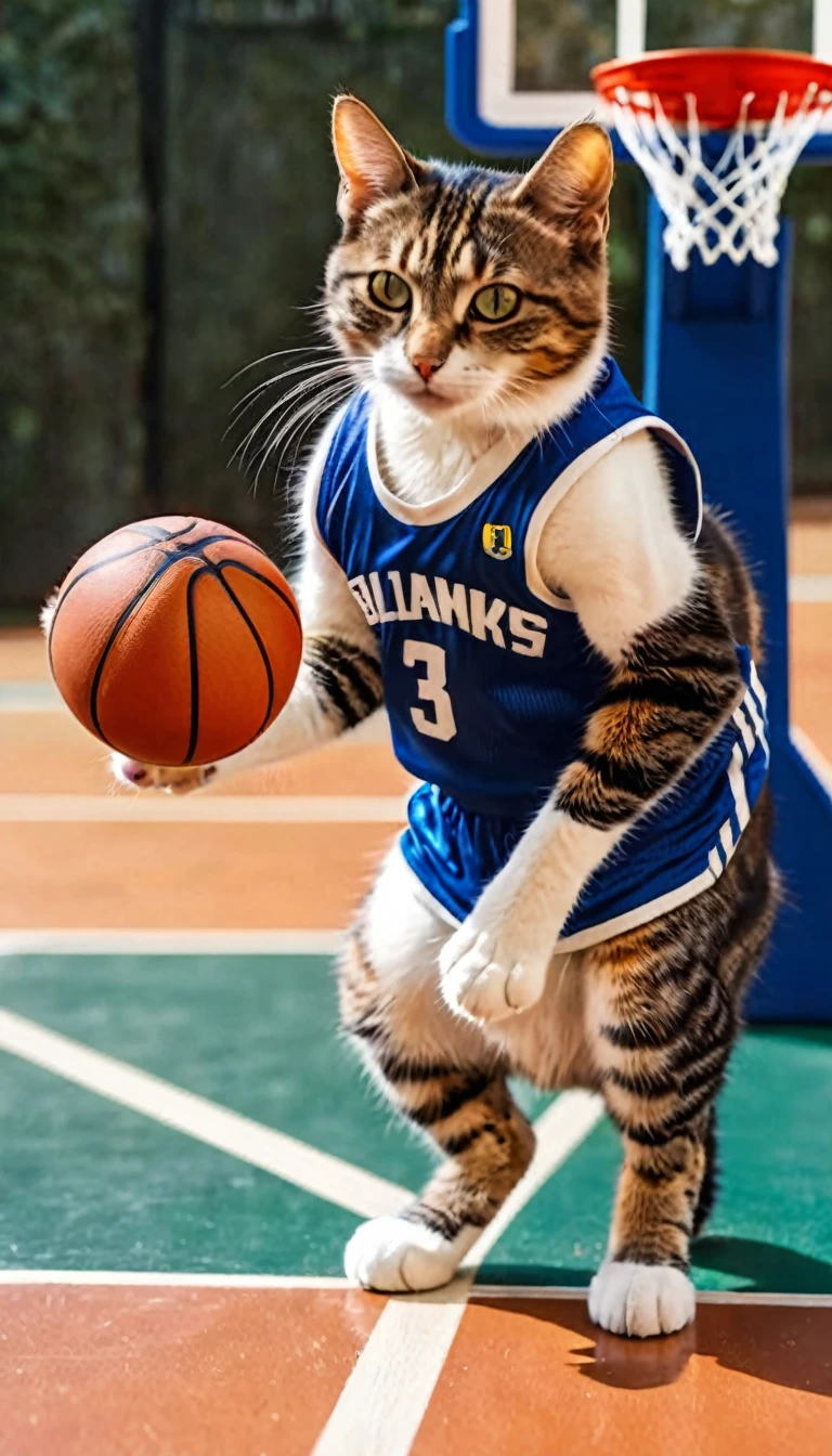 a sporty cat wearing a jersey, dribbling a small basketball, jumping to make a slam dunk, highly detailed, photorealistic, 8k, hyperrealistic, extremely detailed, intricate details, vivid colors, dynamic action pose, perfect lighting, cinematic composition, award winning photography