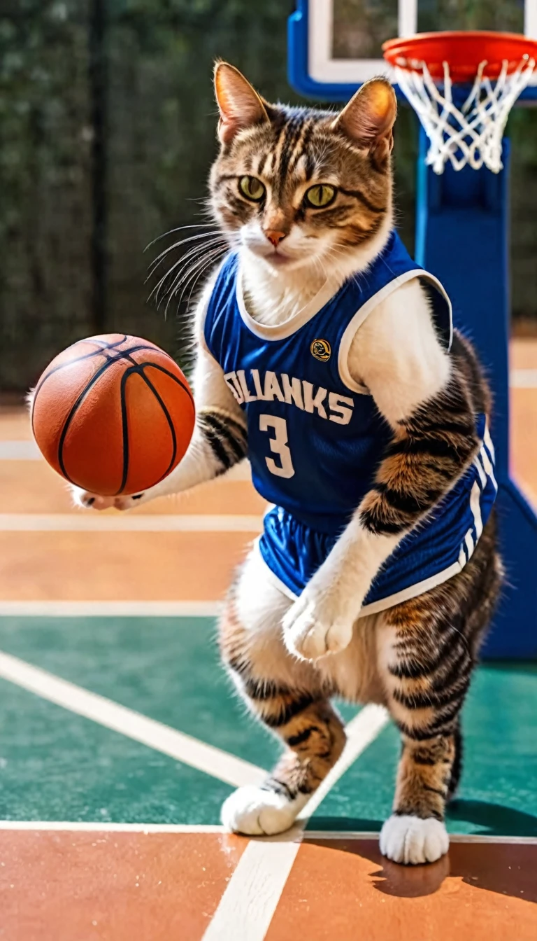 a sporty cat wearing a jersey, dribbling a small basketball, jumping to make a slam dunk, highly detailed, photorealistic, 8k, hyperrealistic, extremely detailed, intricate details, vivid colors, dynamic action pose, perfect lighting, cinematic composition, award winning photography