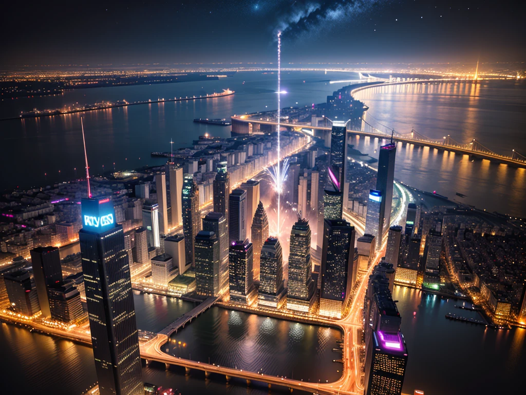 Overlooking the metropolitan night view light show,Bustling metropolis,skyscrapper,River,bru,fireworks display