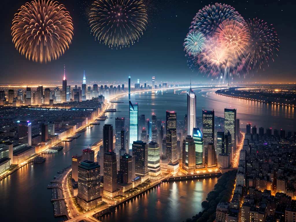 Overlooking the metropolitan night view light show,Bustling metropolis,skyscrapper,River,bru,fireworks display