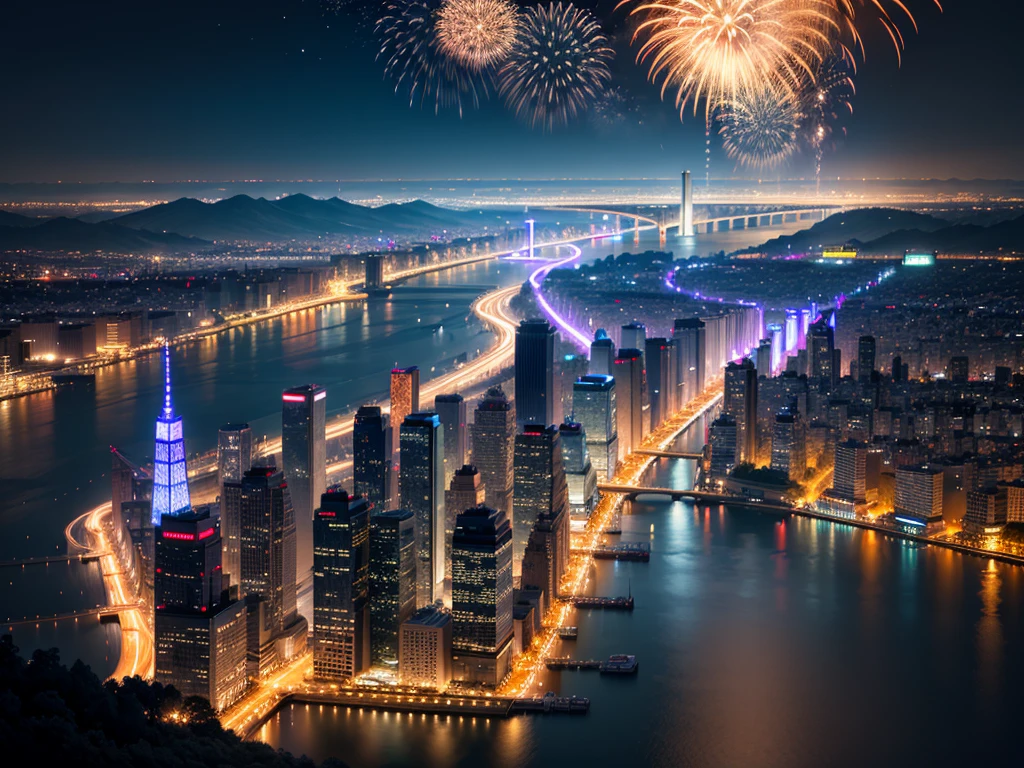 Overlooking the metropolitan night view light show,Bustling metropolis,skyscrapper,River,bru,fireworks display